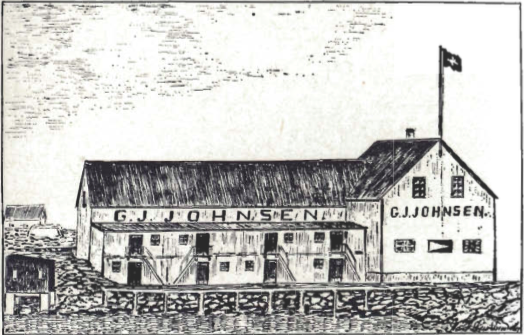 Mynd:Aðgerðar og fiskvinnsluhús Gísla J. Johnsen, ásamt salt- og timburgeymsluhúsi.png