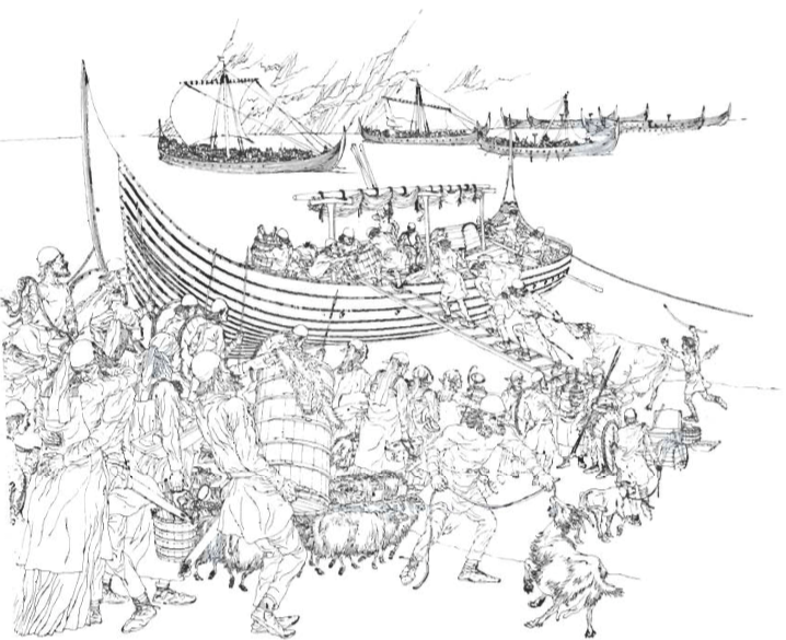 Mynd:Íslenzkir landnemar búast til brottferpar frá Noregi á landnámsöld. Úti á firðinum er knörr að leggja af stað til Íslands.png