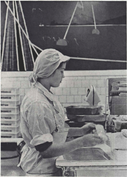 Mynd:„Á gallabuxum og gúmmí skóm hún gengur árla dags í fiskiverið svo frísk og kát og flakar til sólarlags.png